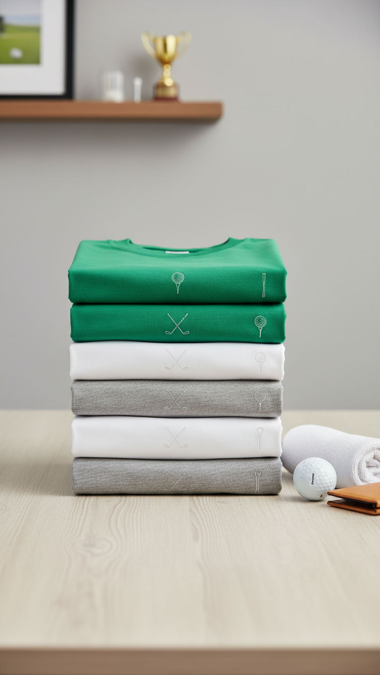 Stack Of Custom Golf T-Shirts With Minimalist Golf Club Icons Neatly Folded On Light Wooden Surface