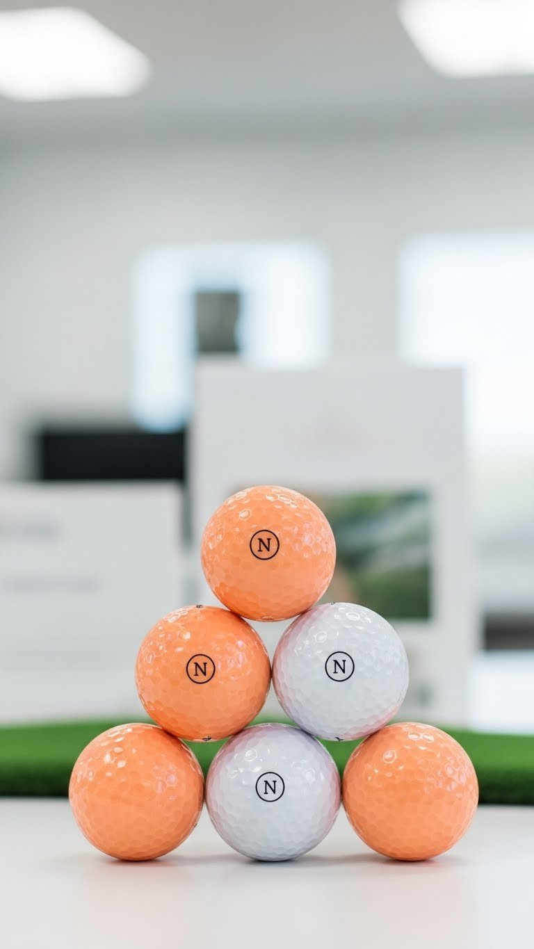 Stack Of Custom Logo Soft Peach Golf Balls On Minimalist Background With Wedding Invitation Snippet