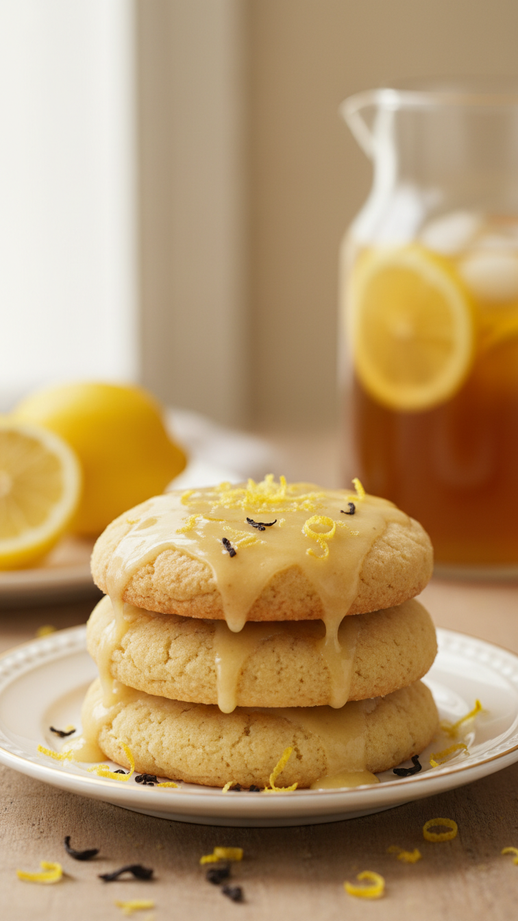 Stack Of Round Sugar Cookies With Pale Yellow Lemon Glaze And Fresh Zest On Elegant Ceramic Dish