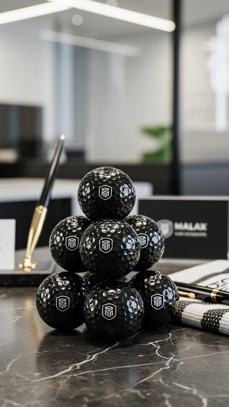 Stack Of Six Glossy Black Golf Balls With Silver Corporate Logos On Polished Marble Countertop