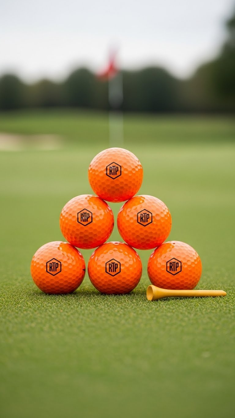 Stack Of Vivid Orange Golf Balls With Crisp Black Corporate Logos Against Lush Golf Course Backdrop With Soft Bokeh Background