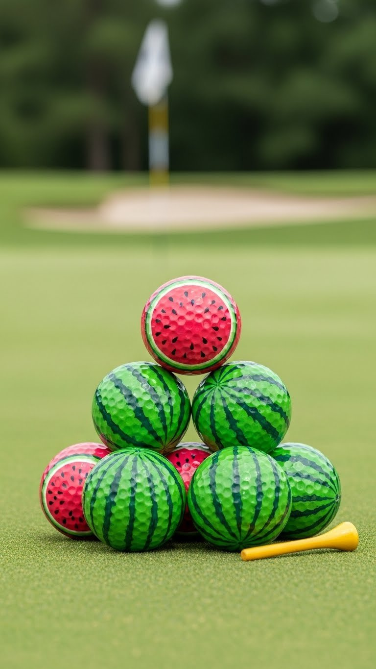 Stack Of Watermelon Print Golf Balls On Golf Course Grass With Soft Bokeh Background And Dimpled Texture Visible