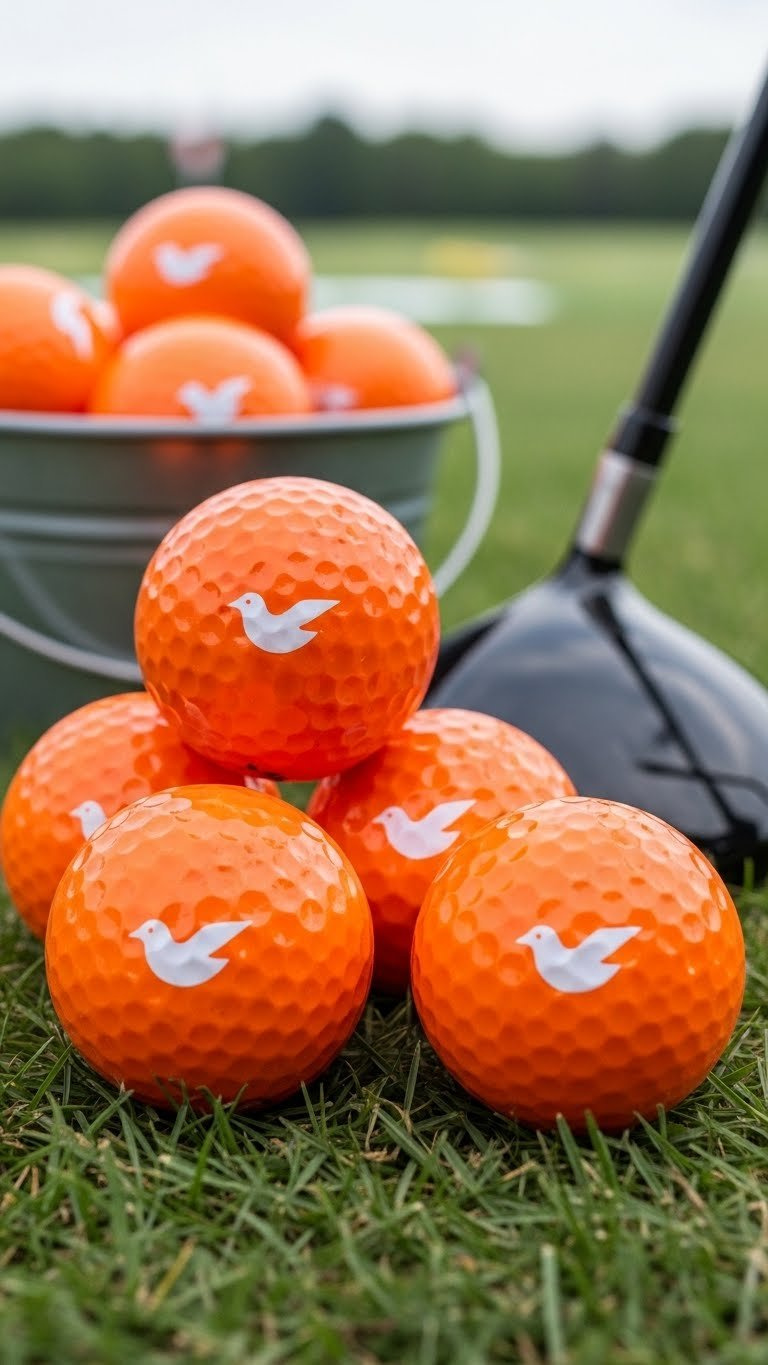 Stack Of White Golf Balls With Corporate Logos Featuring Birdie Designs Displayed On Polished Trophy Base