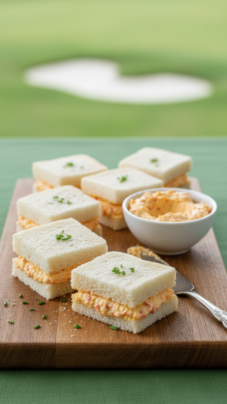 Stacked Crustless Pimento Cheese Sandwiches On Rustic Wooden Board With Cut Sandwich Revealing Creamy Orange Filling And Side Bowl.
