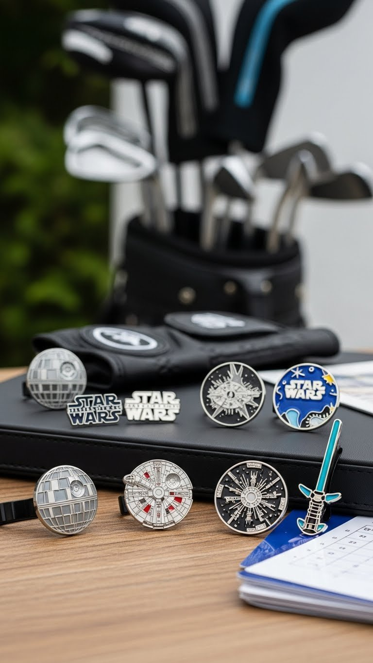 Star Wars Golf Accessories Including Death Star Ball Markers And Magnetic Hat Clips Arranged With Golf Glove On Rustic Table