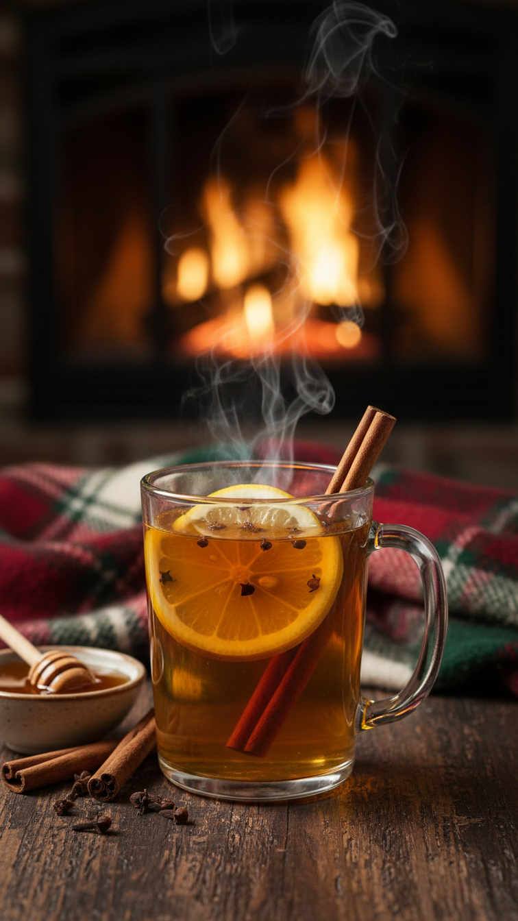 Steaming Mulligan Hot Toddy In Glass Mug With Lemon Slice And Cinnamon Stick Garnish By Fireplace