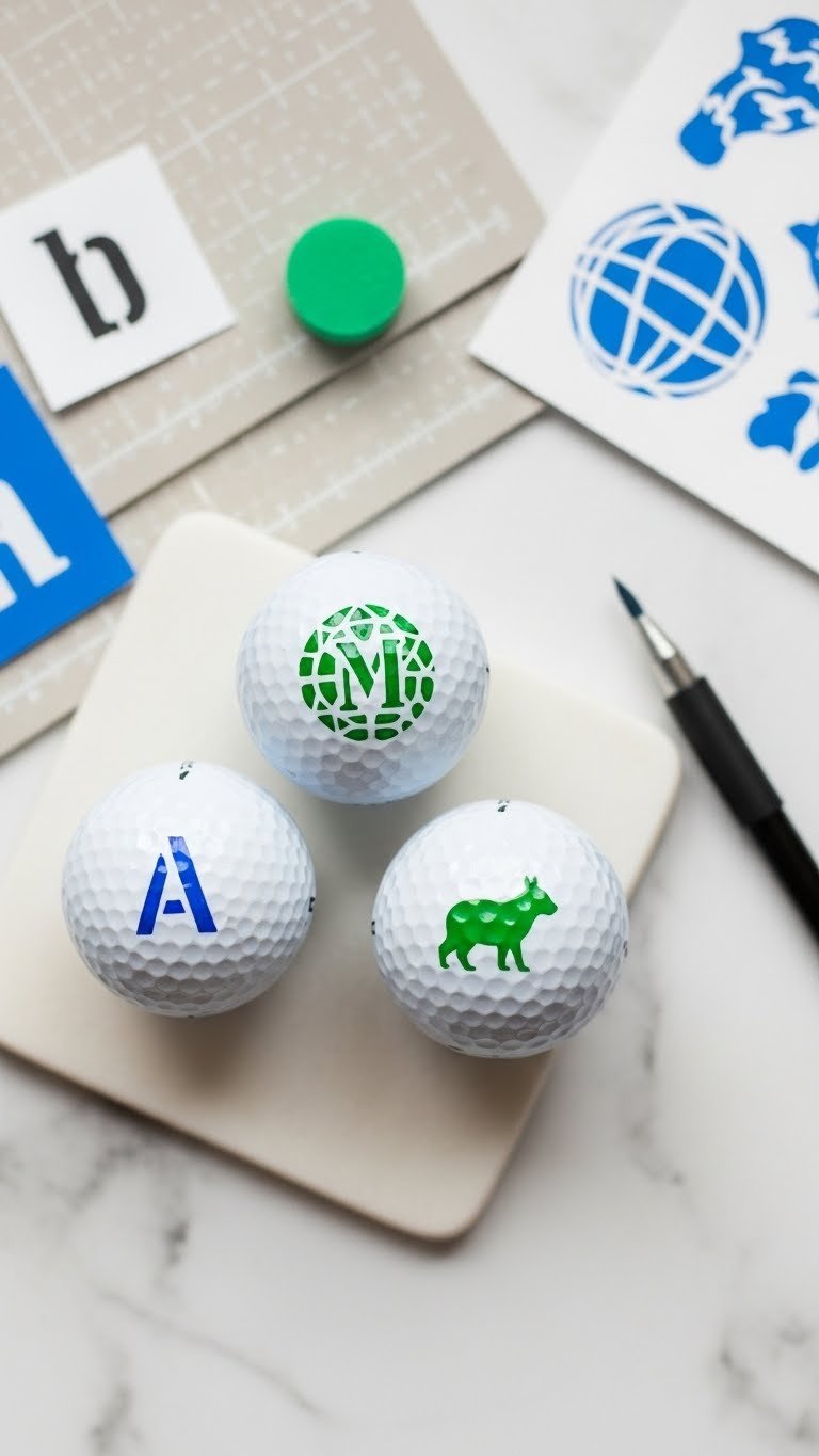 Stenciled Golf Balls With Initials And Geometric Patterns On Marble Countertop With Stencil Sheets And Tools