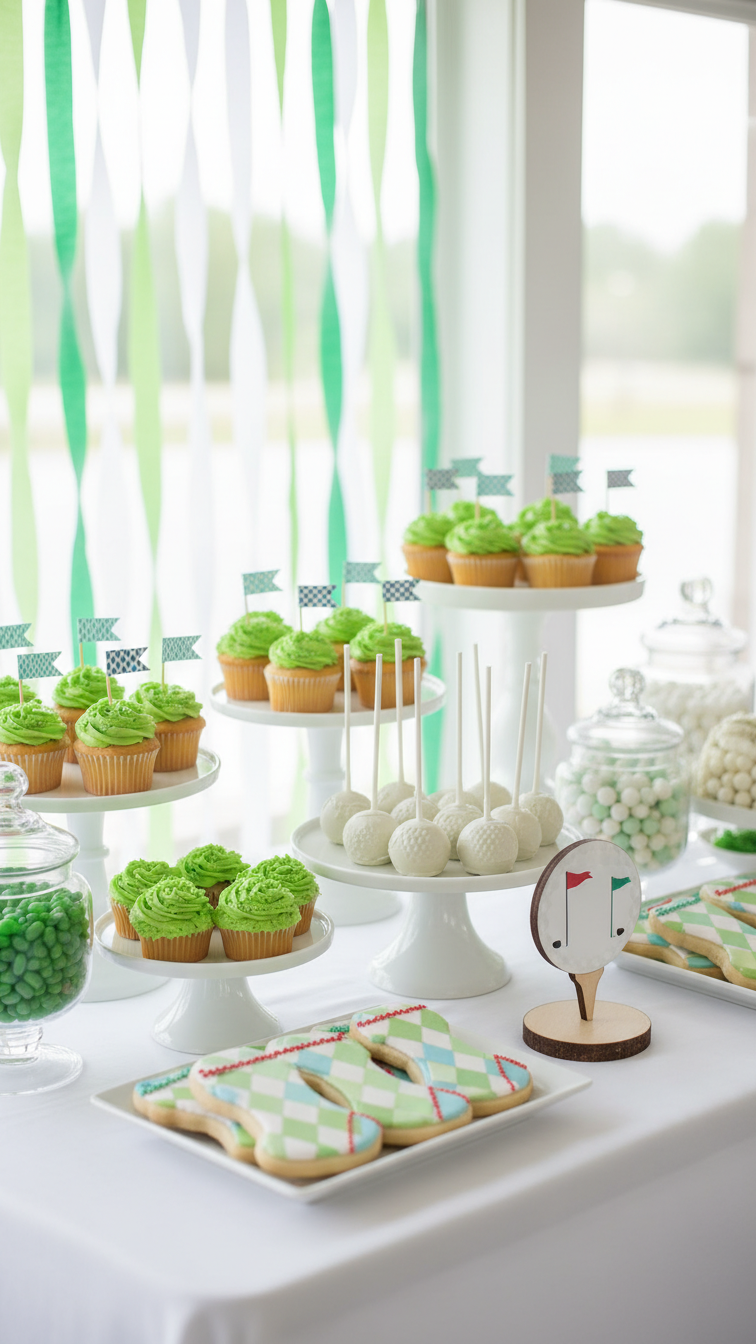 Stunning Golf-Themed Dessert Table With Cupcakes, Cake Pops, And Argyle Cookies Against Green Backdrop