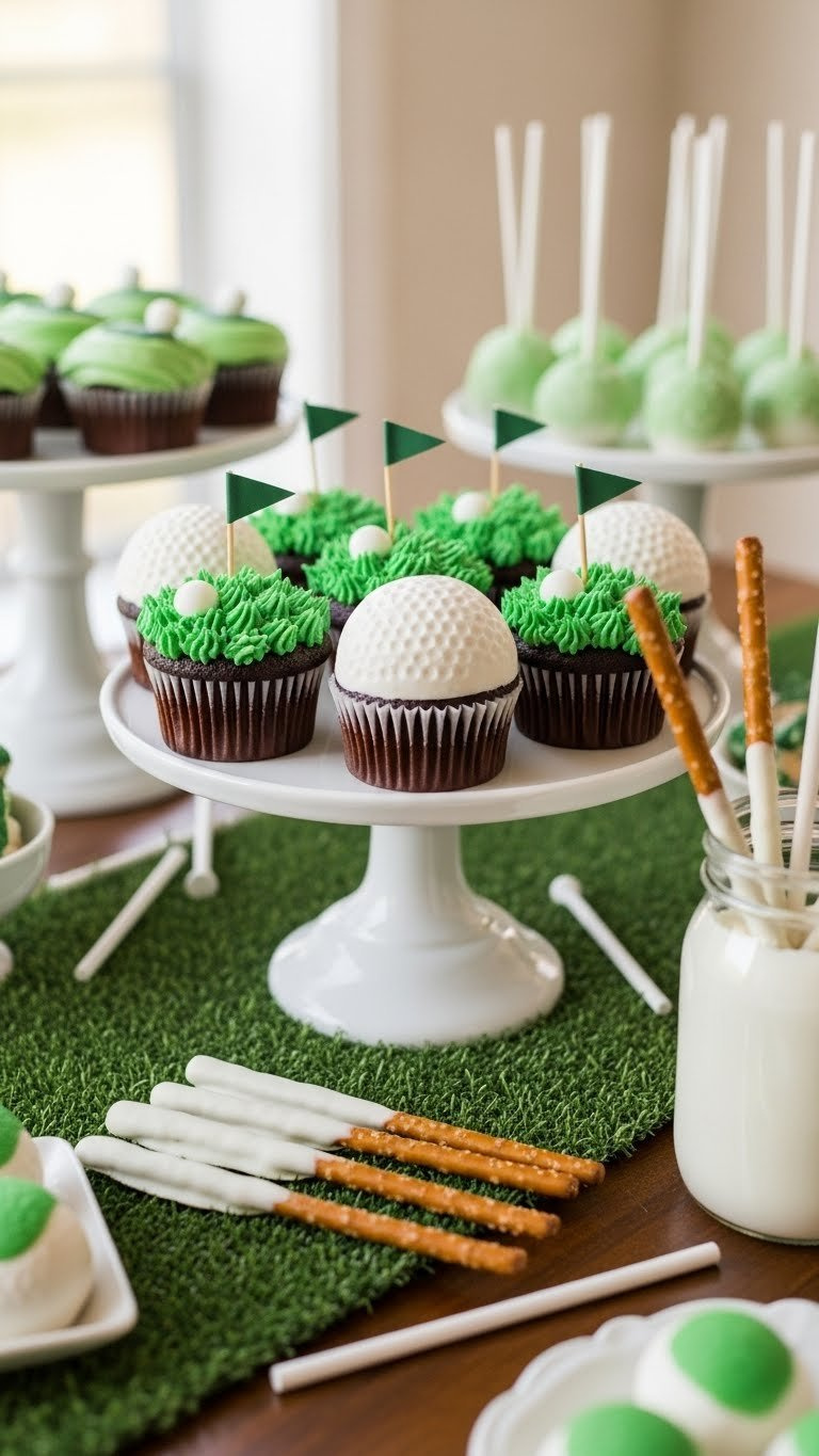 Stylish Hole In One Themed Dessert Bar With Golf-Inspired Cupcakes, Cakepops, And Treats Arranged On Rustic Wooden Table