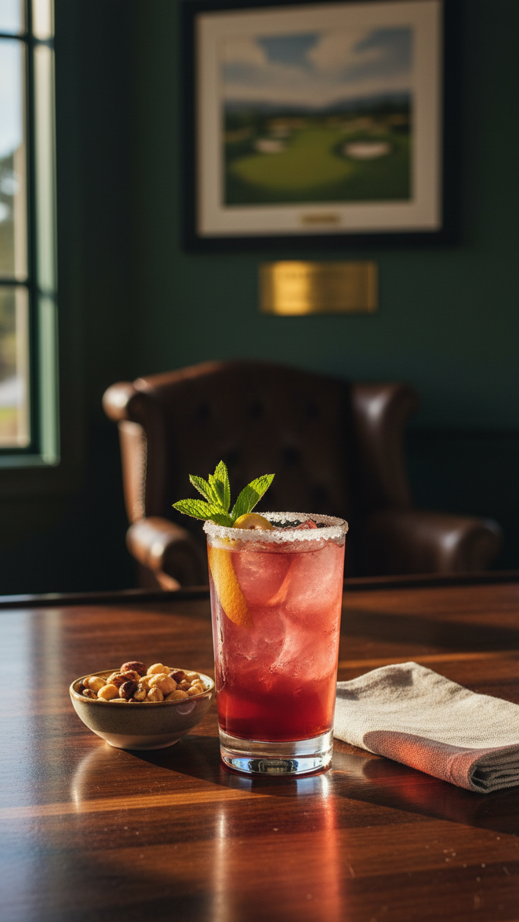 Stylish Cocktail Resting On Polished Wooden Bar Top In Cozy 19Th Hole Lounge With Warm Ambient Lighting