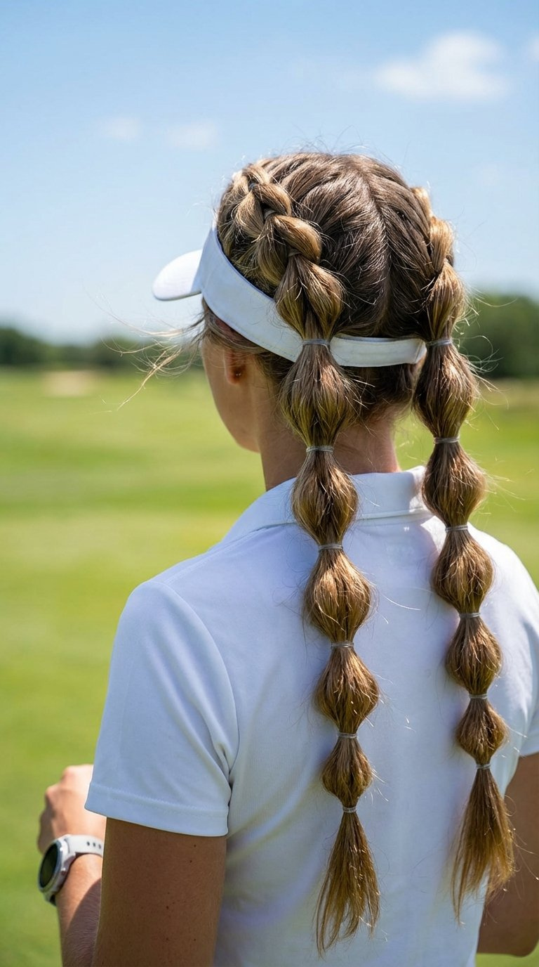 Stylish Double Bubble Braids Integrated With Golf Visor On Vibrant Green Golf Course Background