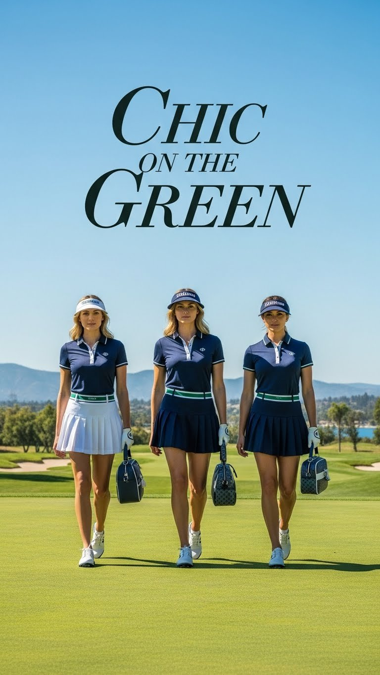 Stylish Female Golfers In Coordinated Modern Attire Walking Confidently Down Sunny Fairway With Designer Golf Bags