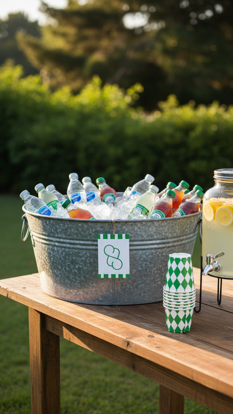 Stylish Golf Party Beverage Station With Galvanized Drink Tub Filled With Ice And Bottled Drinks Outdoors.