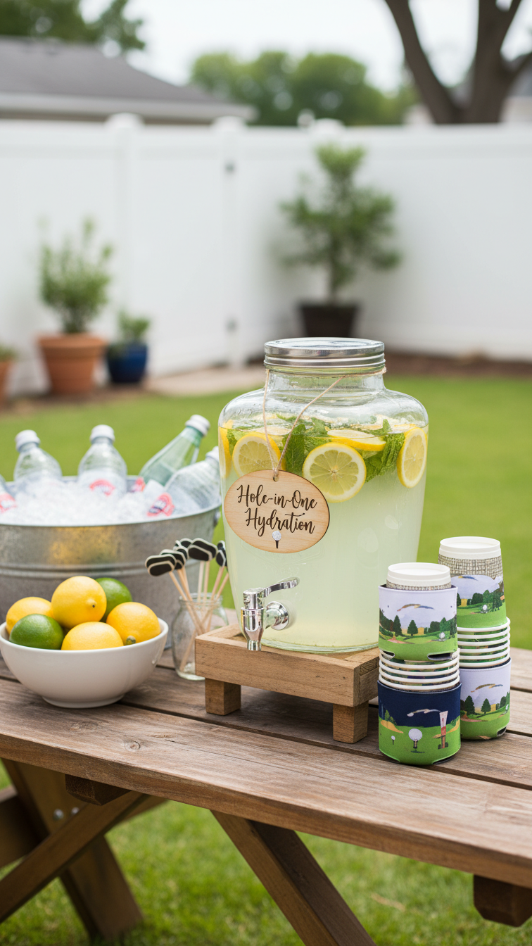 Stylish Golf Party Beverage Station With Green Lemonade Dispenser, Custom Tags, And Personalized Koozies On Rustic Table