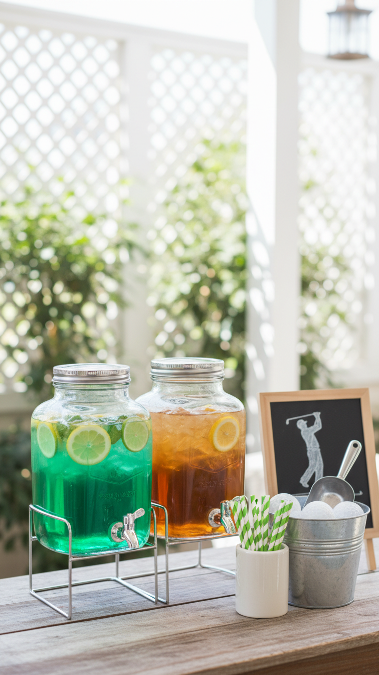 Stylish Golf Party Drink Station With Green Punch Dispenser And Iced Tea On Rustic Wooden Table With Bokeh Background