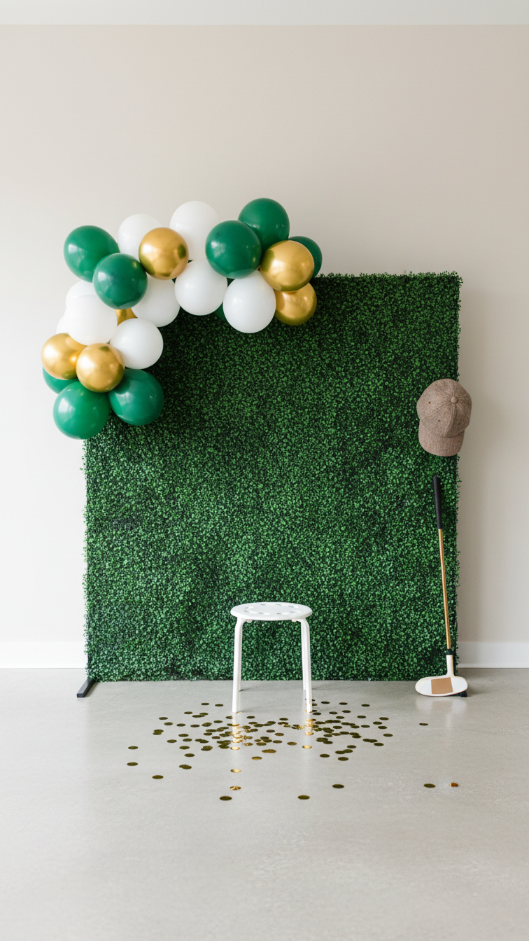 Stylish Golf Party Photo Booth Backdrop With Faux Boxwood Greenery And Hunter Green Balloon Garland.