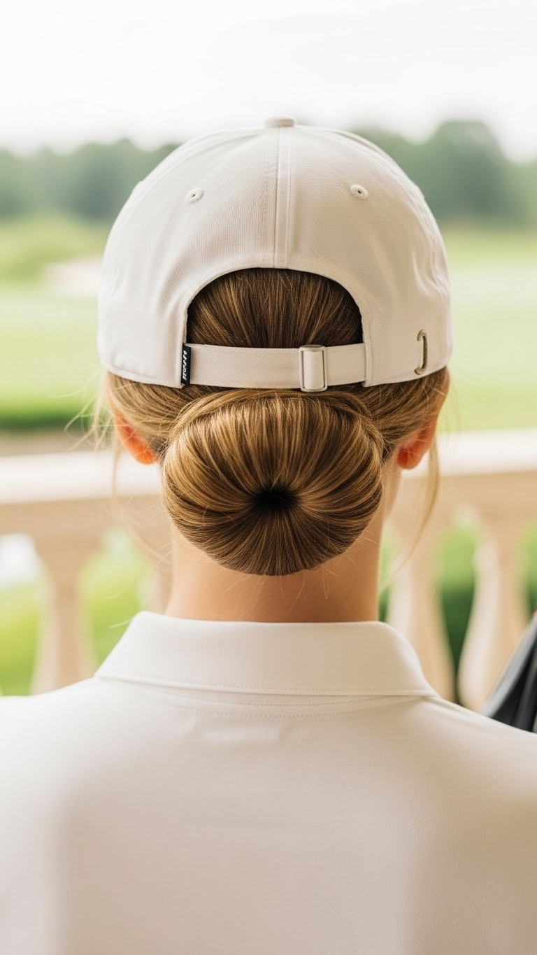 Stylish Low Bun Hairstyle Under Baseball Cap On Female Golfer At Country Club Patio Setting