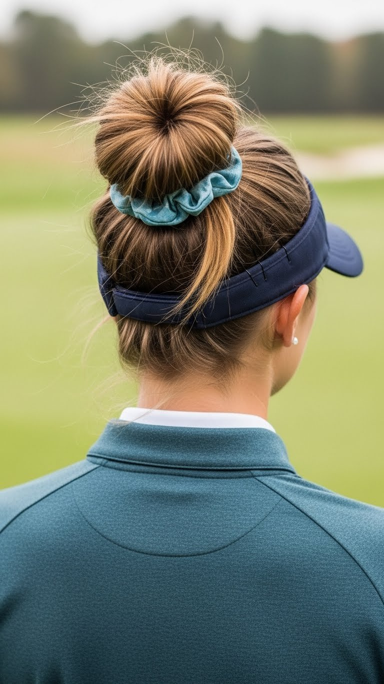 Stylish Messy Bun Hairstyle Accommodating Golf Hat On Female Golfer With Decorative Scrunchie Against Natural Textures