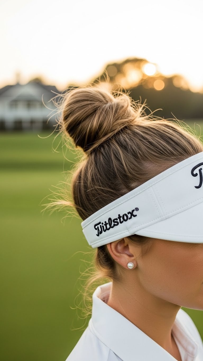 Stylish Messy Bun Peeking From Under Golf Visor On Female Golfer During Golden Hour Lighting