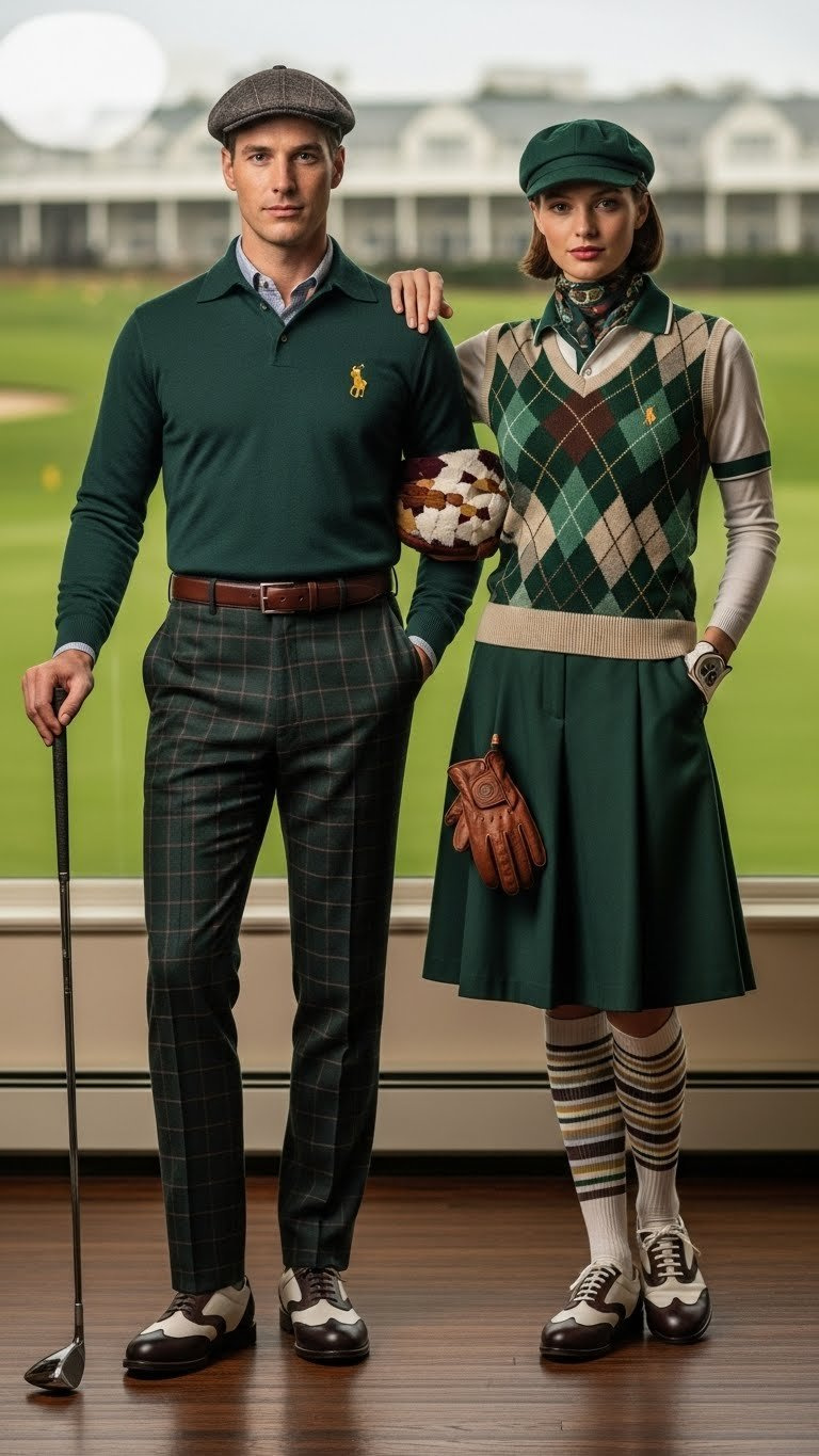 Stylish Models Dressed In Vintage Golf Attire Including Tartan Trousers And Polo Shirts On Lush Golf Course Background.
