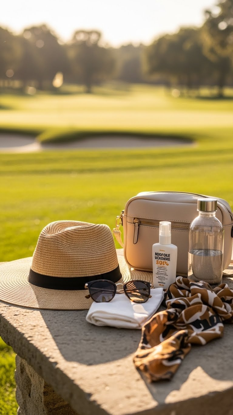 Stylish Wide-Brim Straw Hat Polarized Sunglasses And Chic Crossbody Bag Arranged On Golf Course Surface