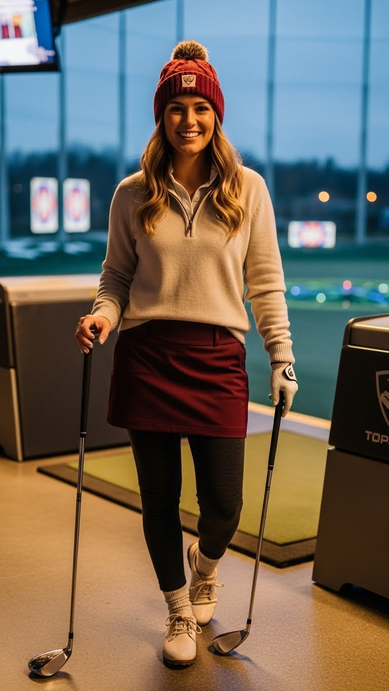 Stylish Woman In Warm Topgolf Date Outfit Enjoying Evening Winter Golf Session With Glowing Targets In Background