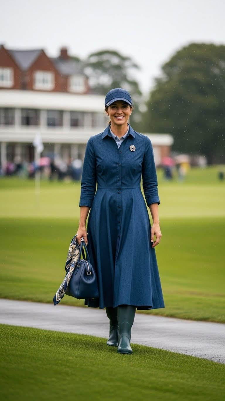 Stylish Woman In Waterproof Dress And Tall Boots Walking Confidently Past Golf Clubhouse In Rain.