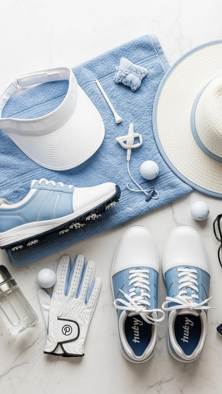 Stylish Women'S Golf Shoes, Gloves, Visor And Accessories Arranged In Artistic Flat Lay On Marble Surface