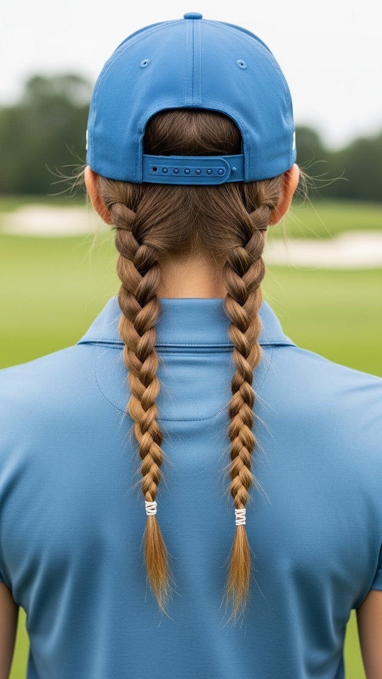 Symmetrical Dual French Braids Running Down Back Beneath Baseball Cap On Female Golfer Against Green Fairways