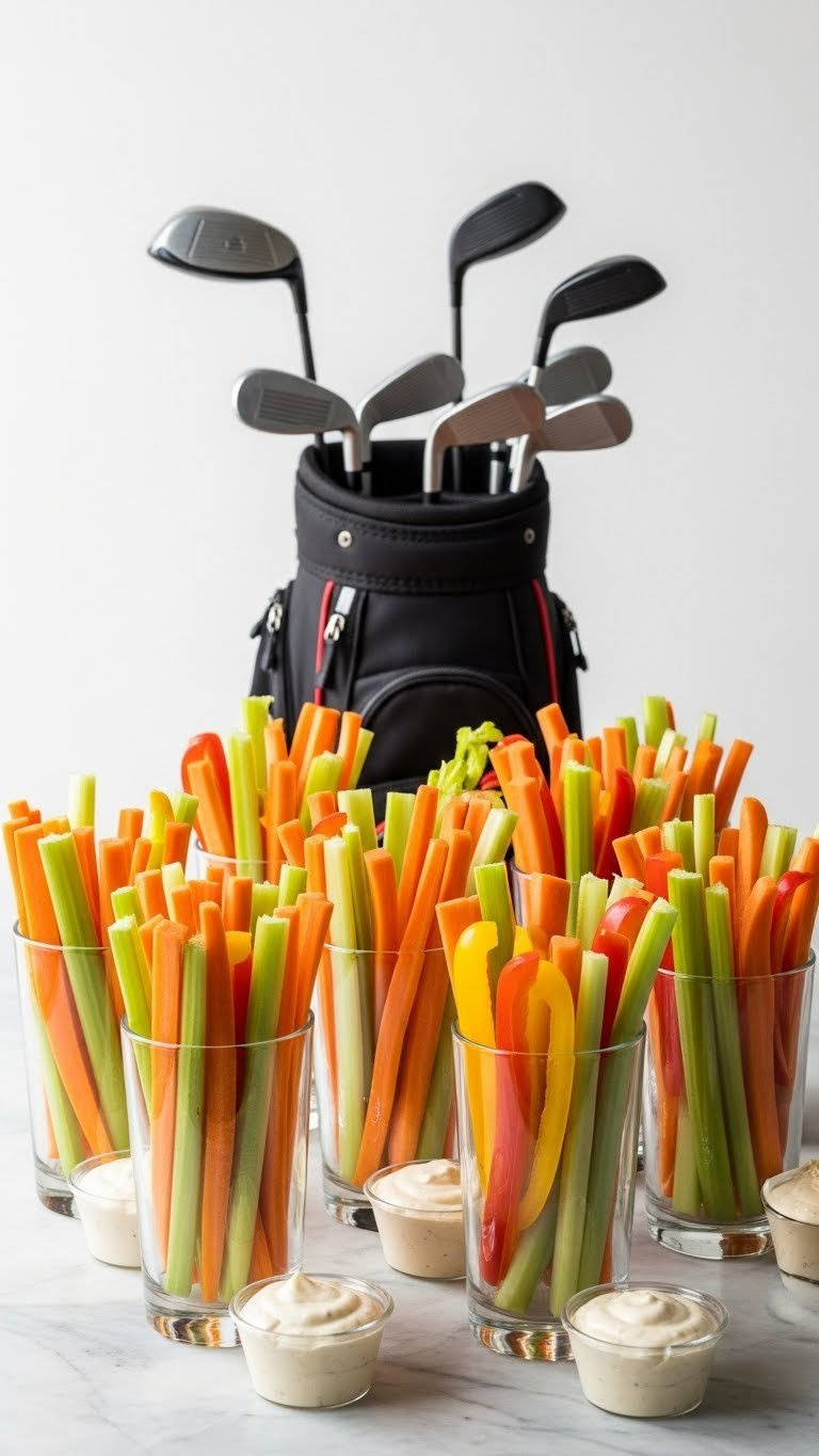 Tall Glasses Filled With Crisp Vegetable Sticks Arranged Vertically Like Golf Clubs In Bag With Dip Cups
