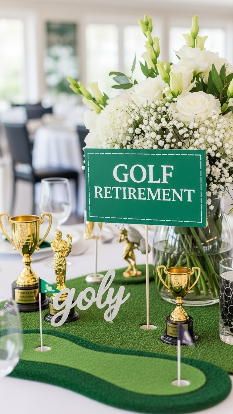 Tasteful Golf Retirement Party Table Centerpiece Featuring Mini Putting Green And Elegant Golf Trophies