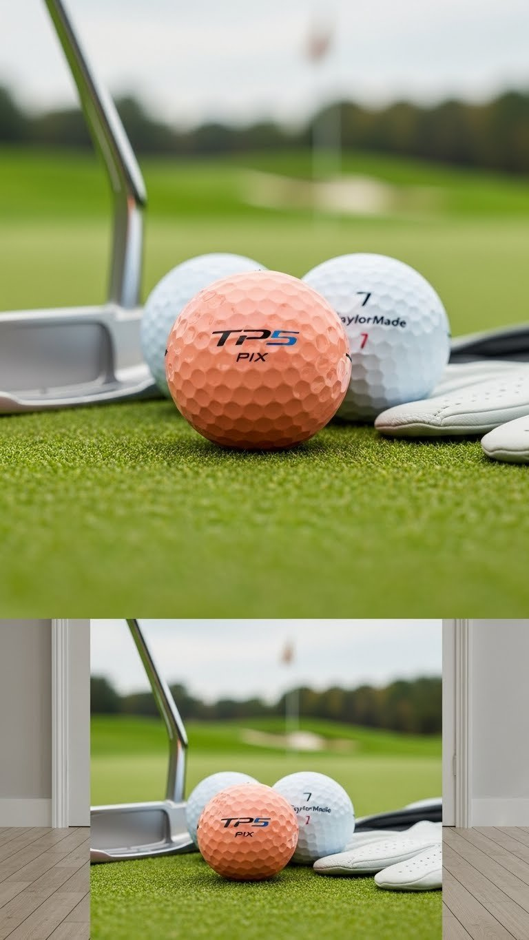 Taylormade Tp5 Pix Peach Golf Balls Arranged On Manicured Putting Green With Chrome Putter Head And Leather Glove In Background