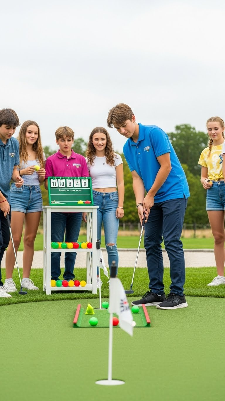 Teenagers Enjoying Interactive Putting Green Contest On Artificial Turf With Golf Putters
