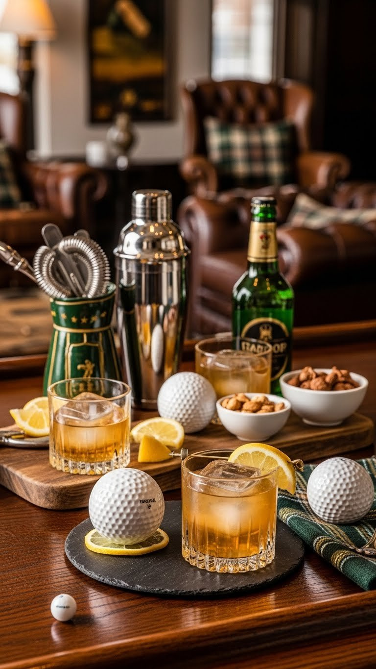 The 19Th Hole Bar Setup With Golf Ball Whiskey Glasses, Arnold Palmer Cocktails, Rustic Wooden Table, And Cozy Golden Hour Lighting At Golf Engagement Party.