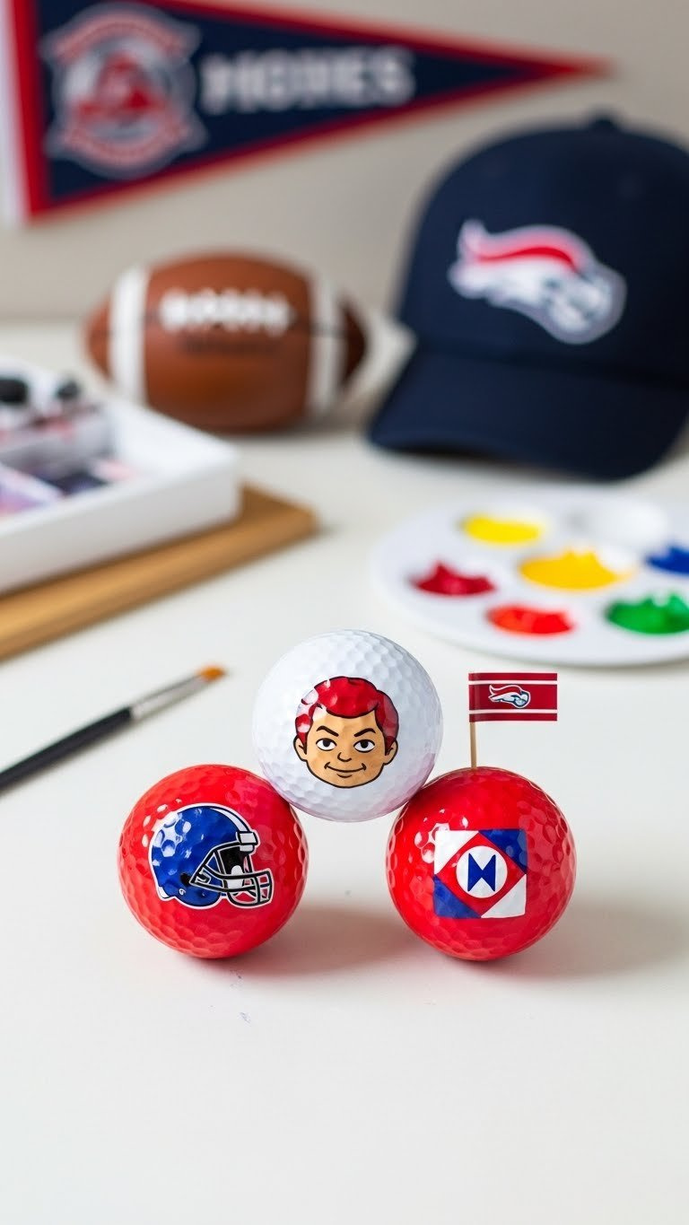 Themed Painted Golf Balls Featuring Sports Logos And Cartoon Characters On White Drafting Table Flat Lay.