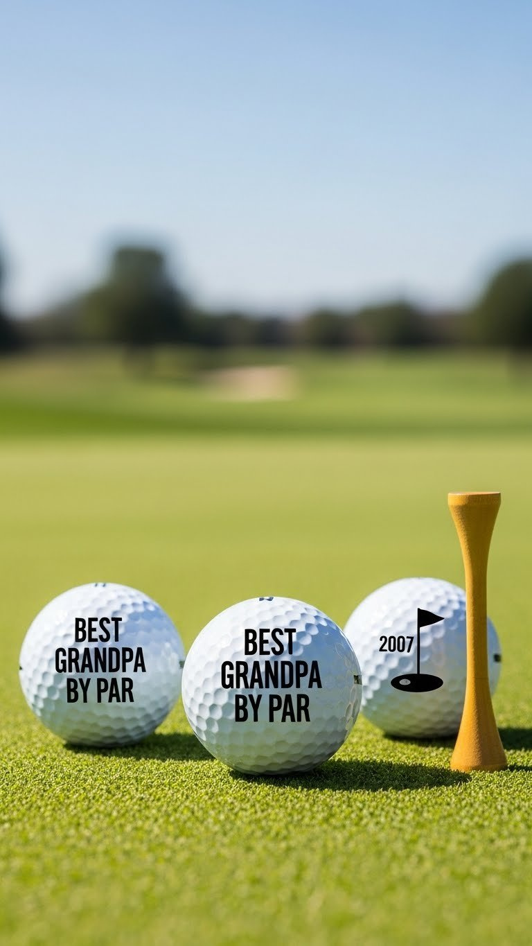 Three Best Grandpa By Par Golf Balls On Manicured Green With Wooden Tee And Sunny Golf Course Backdrop
