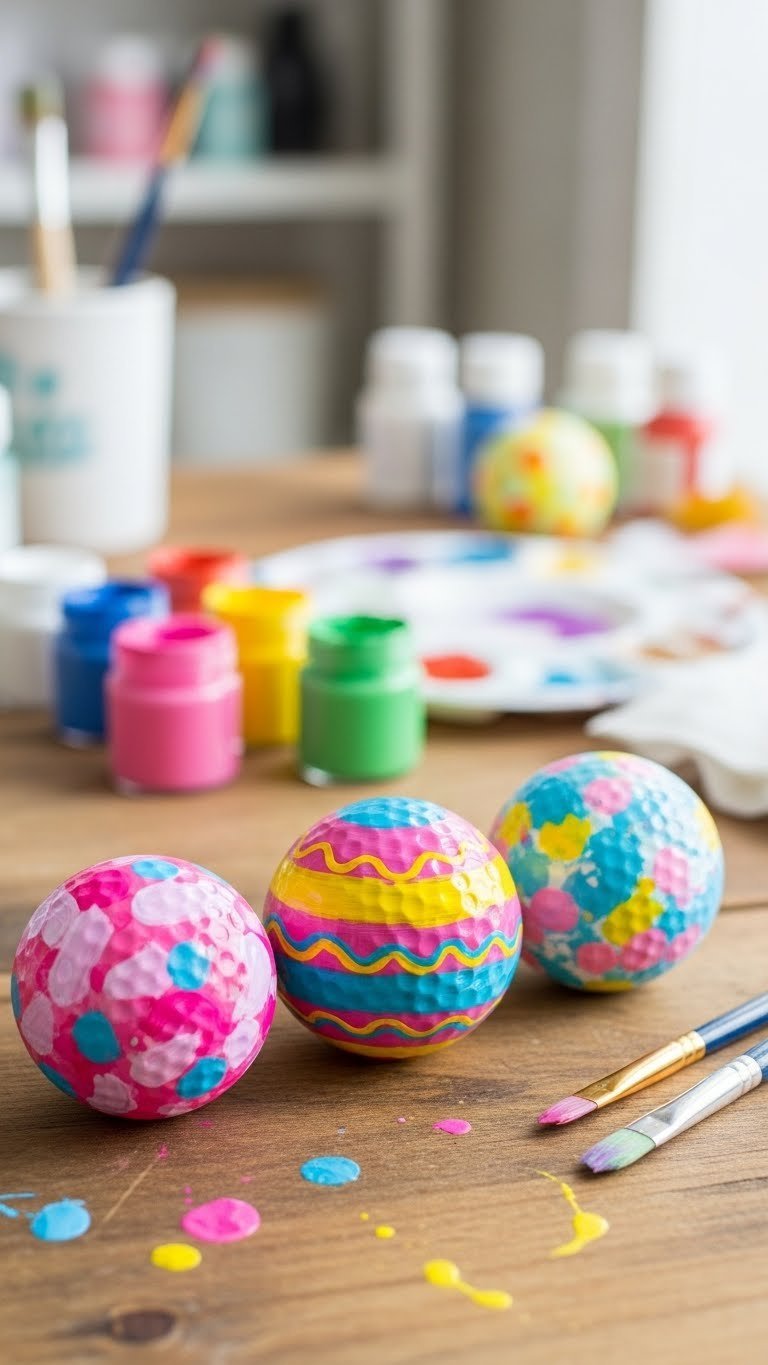 Three Diy Hand-Painted Abstract Easter Egg Golf Balls With Vibrant Swirls On Rustic Wooden Craft Table