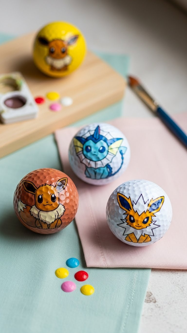 Three Eevee Evolution Golf Balls Featuring Vaporeon, Jolteon, And Eevee Designs In Pastel Flat Lay Composition