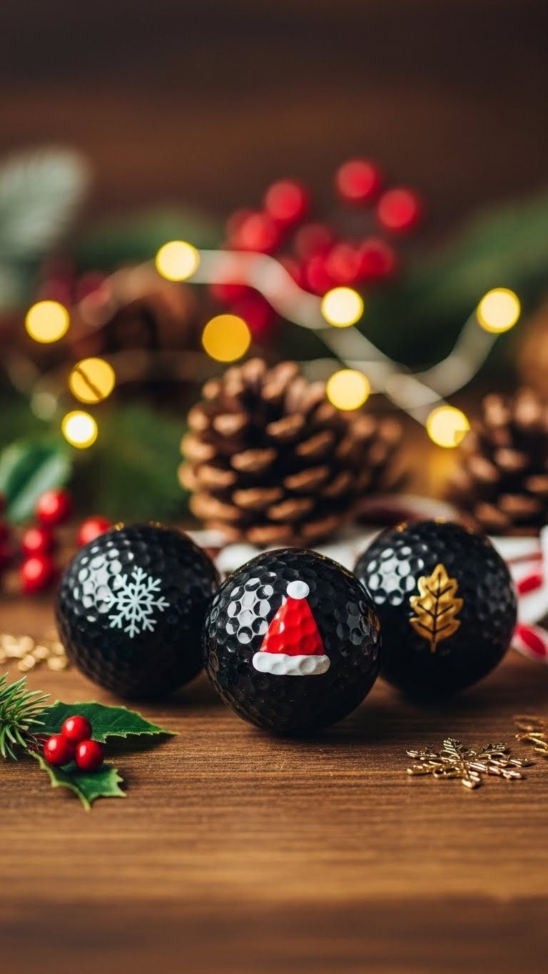 Three Black Golf Balls With Festive Holiday Motifs On Rustic Wooden Table With Seasonal Decor