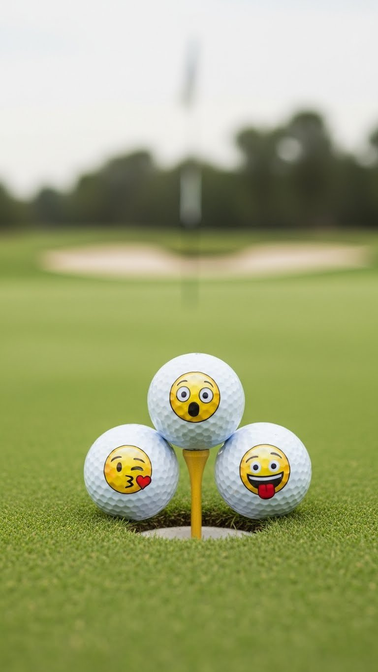 Three Colorful Golf Balls With Expressive Emoji Faces Arranged On Short-Cut Green Grass Near Golf Hole With Soft Bokeh Course Background