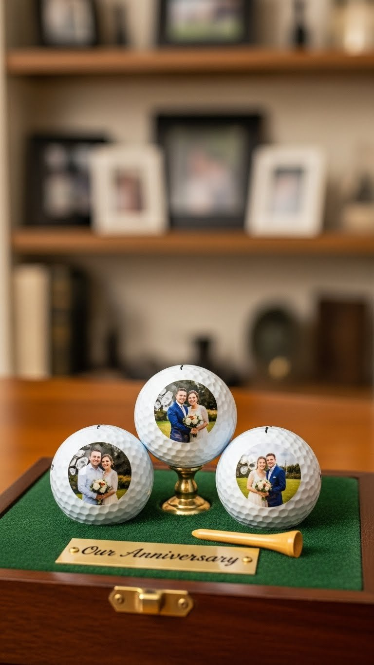 Three Custom Photo Golf Balls With Anniversary Celebration Images Displayed On A Velvet-Lined Wooden Golf Ball Case With Soft Natural Lighting.