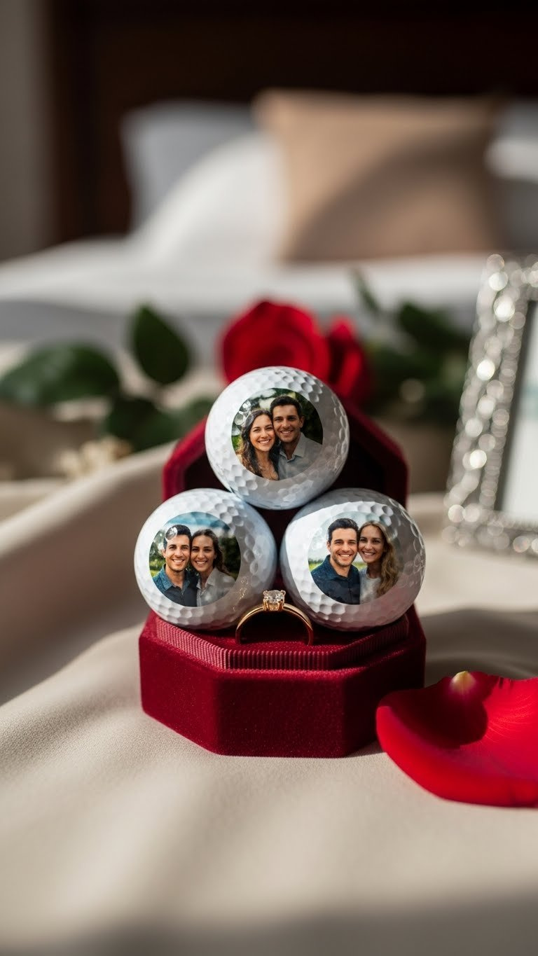 Three Custom Photo Golf Balls With Vibrant Couple Portraits Displayed In A Velvet Ring Box With Soft Natural Lighting And Romantic Bedroom Setting
