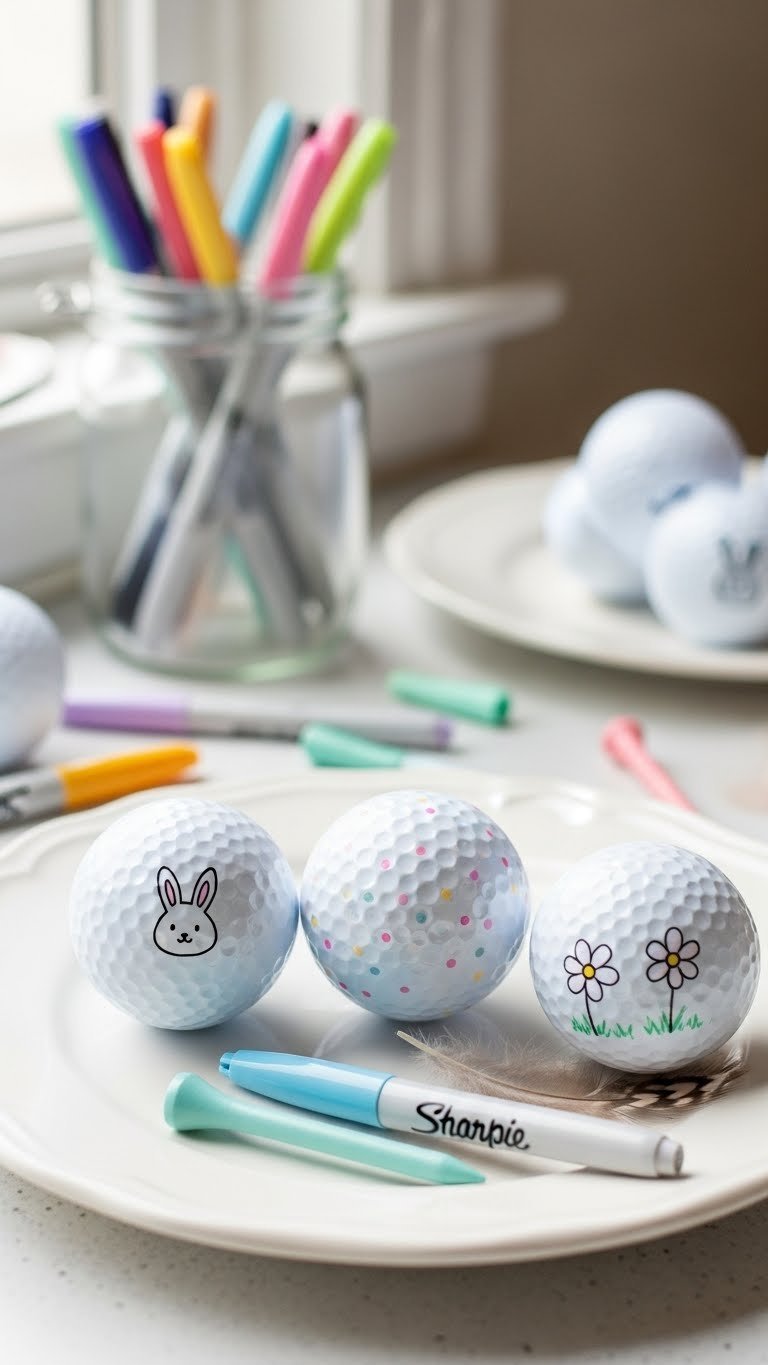 Three Cute Sharpie Art Golf Balls Featuring Minimalist Bunny Silhouette, Polka Dots, And Spring Flower Outlines