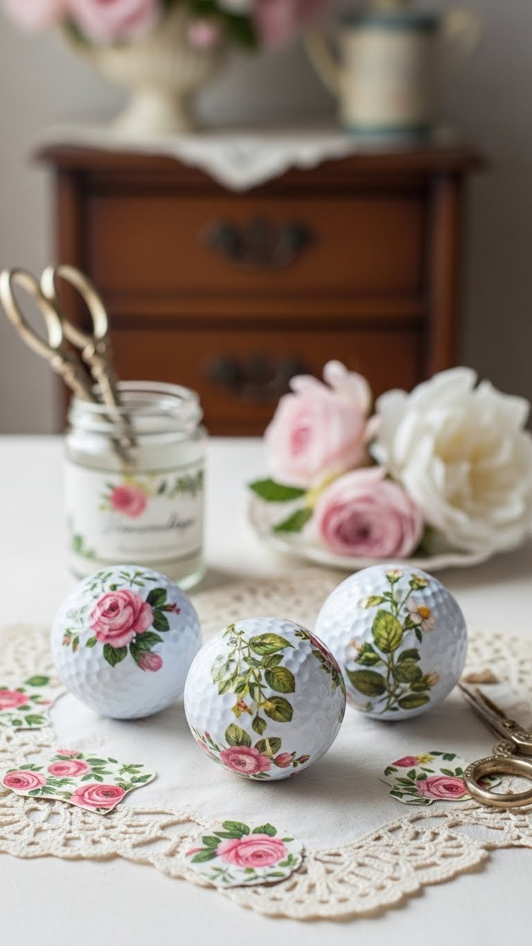 Three Decoupaged Delicate Floral Easter Golf Balls With Vintage Patterns On Lace Doily Background