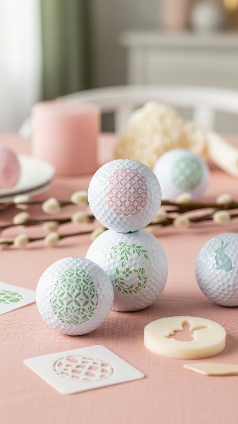 Three Elegantly Stenciled Easter Pattern Golf Balls With Delicate Lattice And Floral Designs On Pink Linen Tablecloth