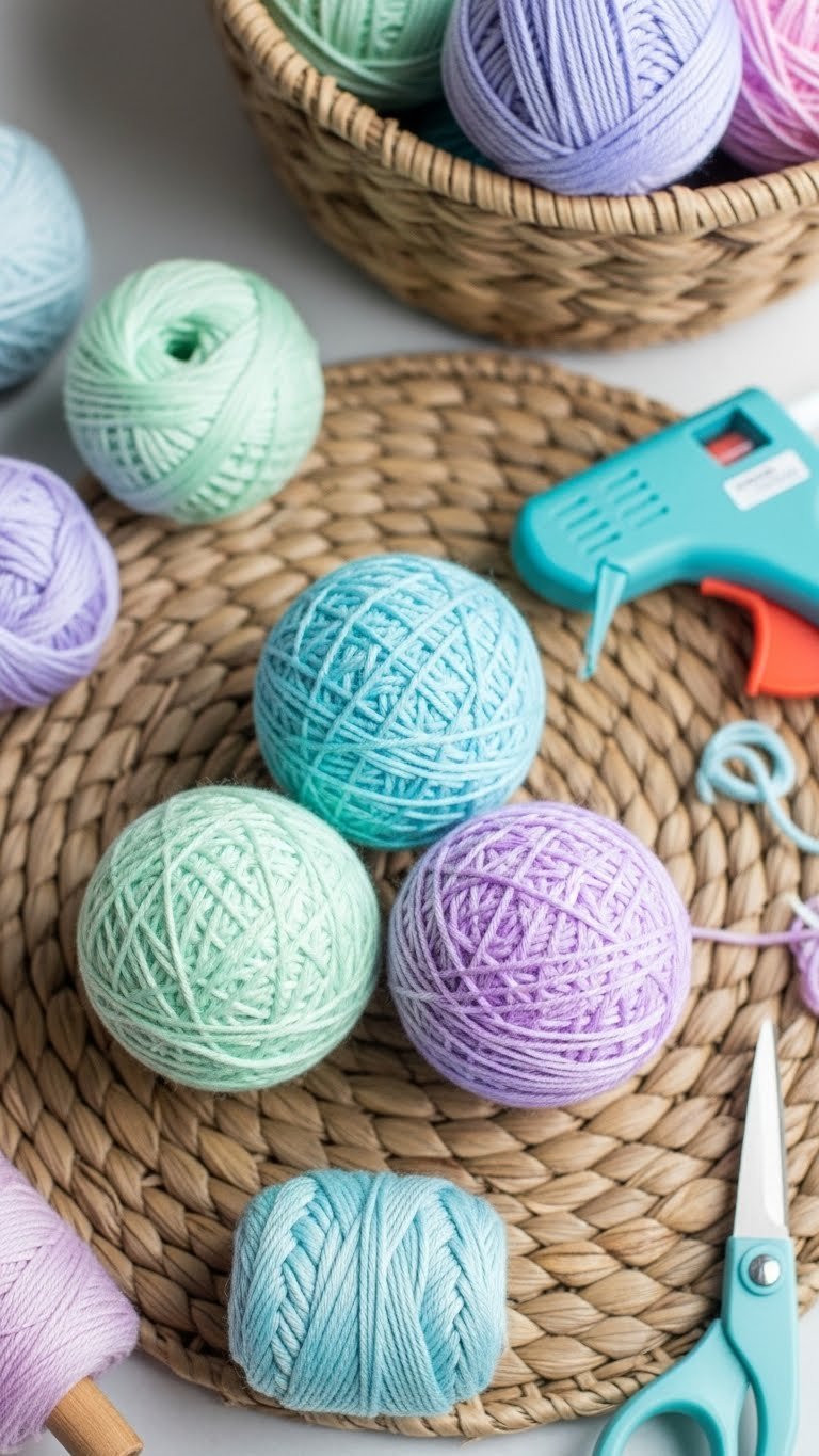 Three Fun Yarn-Wrapped Easter Golf Balls In Pastel Colors Creating Textured Cozy Appearance On Woven Mat