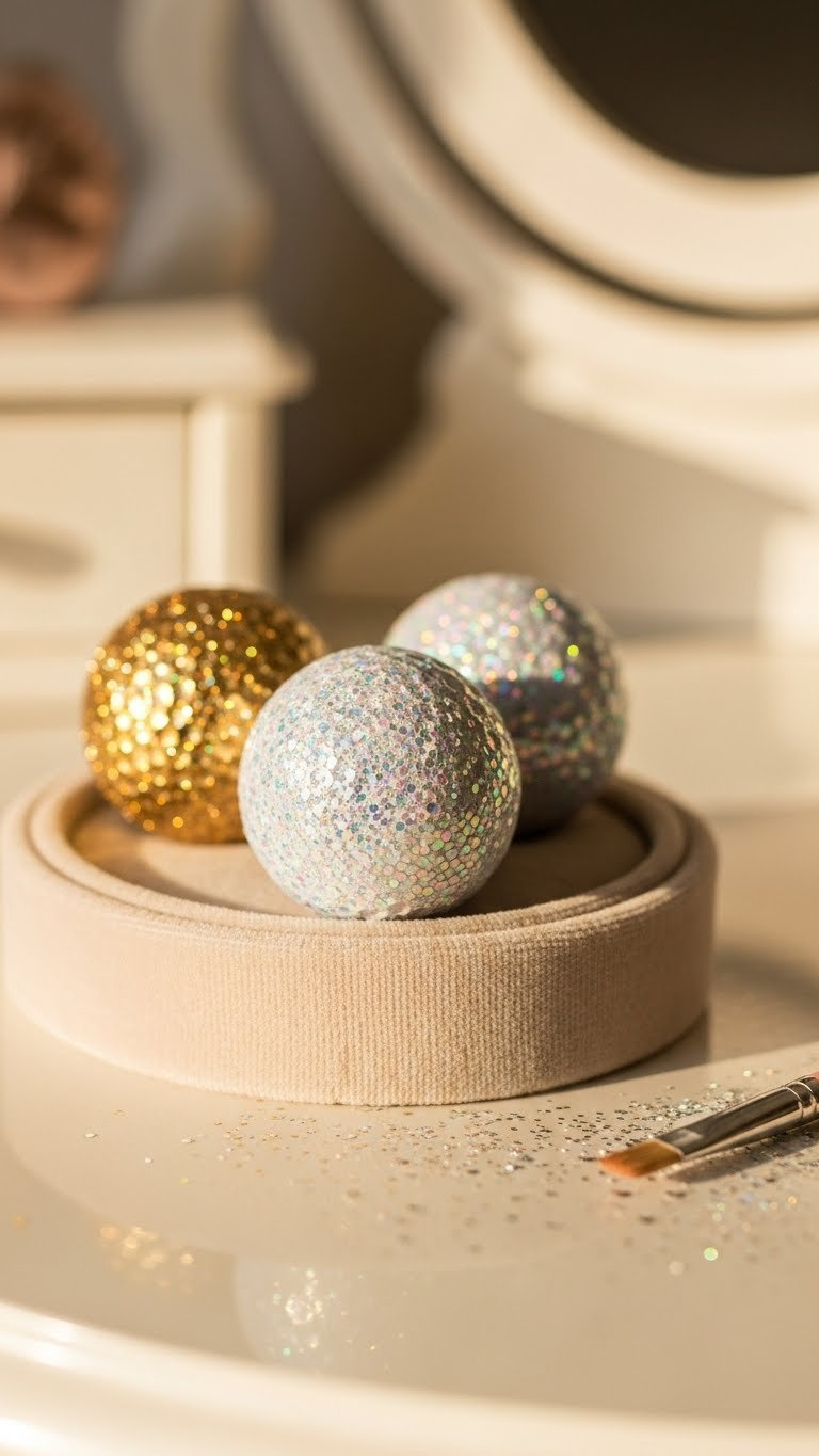 Three Glitter-Coated Golf Balls In Gold, Silver, And White Shimmering In Golden Hour Light On A Velvet Ring Dish.