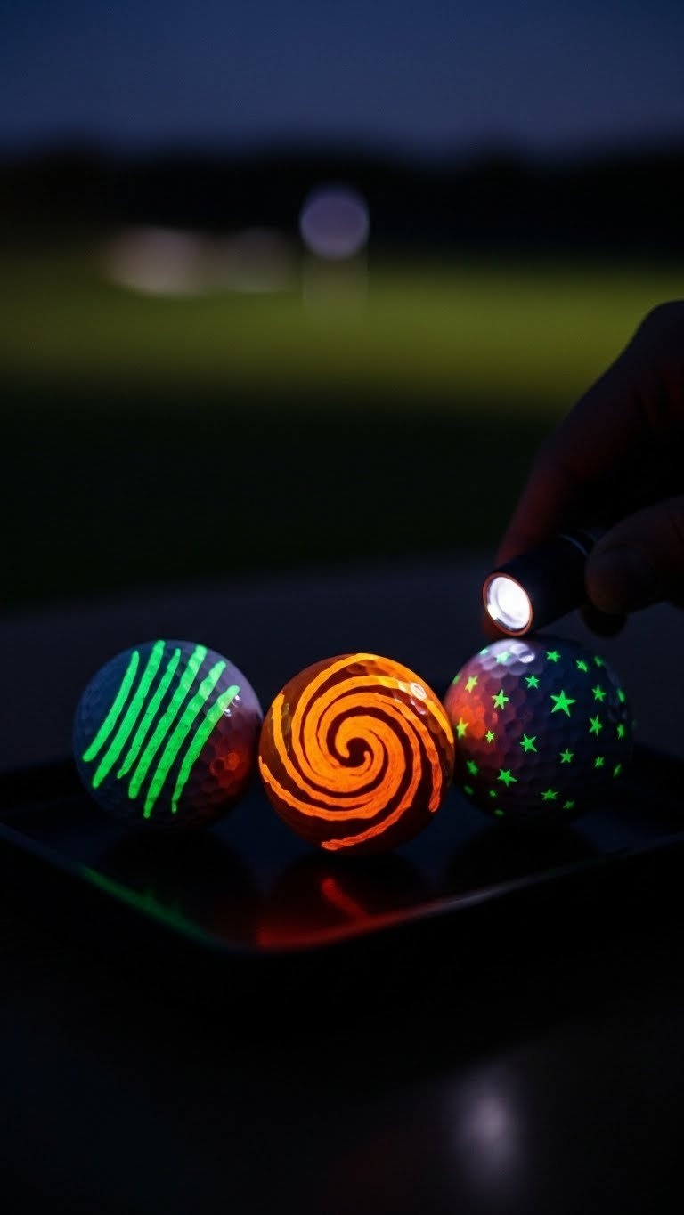 Three Glow-In-The-Dark Golf Balls With Luminous Designs Glowing Subtly In Low Light On A Dark Matte Tray.