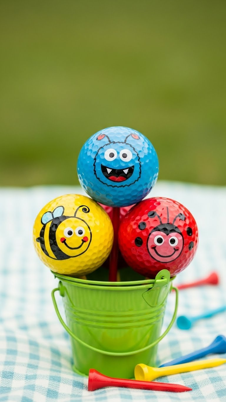 Three Golf Balls Hand-Painted With Whimsical Cartoon Characters In Bright Colors Arranged In A Colorful Toy Bucket.