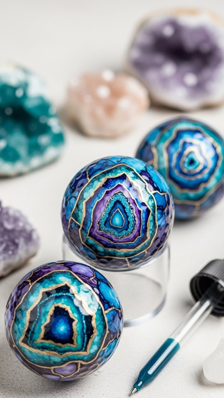 Three Golf Balls Transformed Into Miniature Geodes With Iridescent Alcohol Inks In Blues And Purples On A Clear Acrylic Stand.